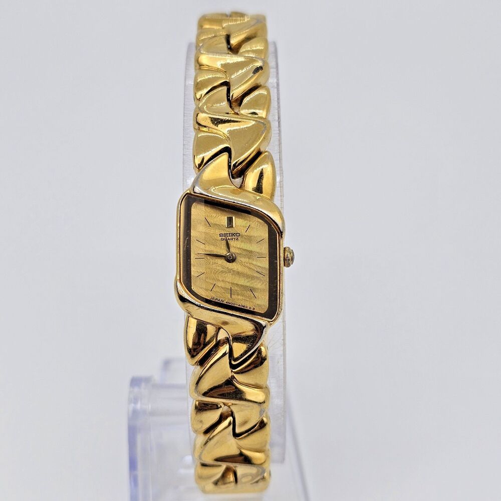 Seiko Women's Watch‎ 16MM Asymmetrical Gold Dial Bracelet Band 7" New Battery